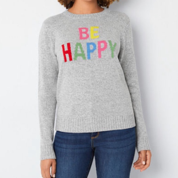 St. John's Bay Sweaters - NWT St. John's Bay Womens Crew Neck Long Sleeve BE HAPPY Sweater, Medium, Gray